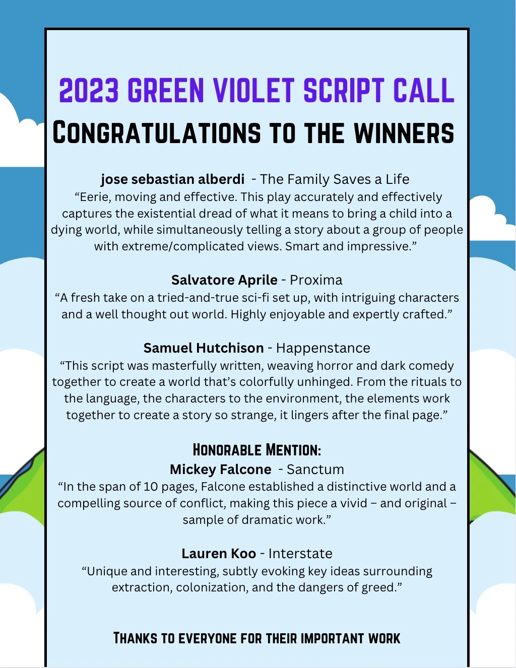 Green Violet Script Call Winners